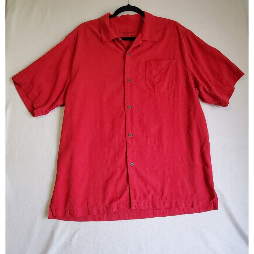 Tommy Bahama Men Large Red Silk Hawaiian Tropical Short Sleeve Button Shirt